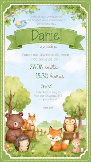 Convite Editável Aniversário Infantil Animais do Bosque Aquarela