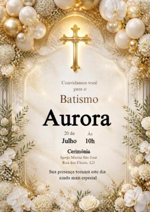 Convite de Batismo Elegante com Flores e Detalhes Dourados