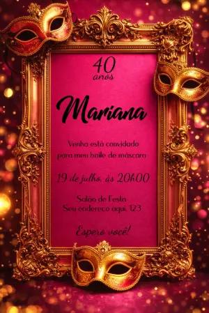 Convite de Aniversário Baile de Máscaras Rosa e Dourado Editável