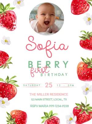 Sweet Strawberry First Birthday Invitation | Editable Template