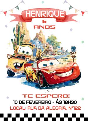 Convite de Aniversário Carros Estilo Aquarela para Editar