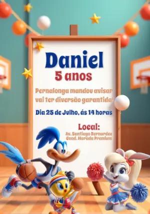 Convite Aniversário Baby Looney Tunes Basquete para Editar Online