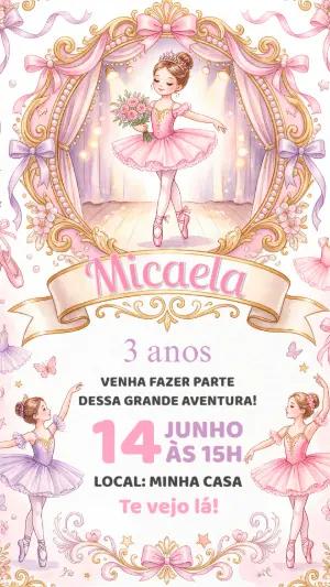 Convite de Aniversário Bailarina Aquarela Rosa para Editar