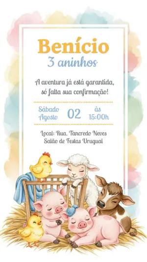 Convite Aniversário Fazendinha com Animais Fofos para Editar