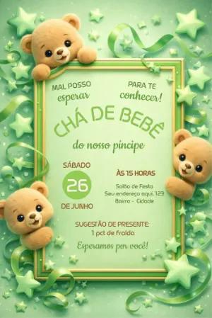 Convite Chá de Bebê Ursinho Príncipe Verde para Editar