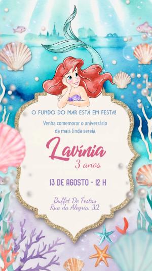 Convite de Aniversário Pequena Sereia Fundo do Mar Editável