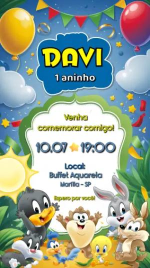 Convite de Aniversário Baby Looney Tunes Modelo Editável