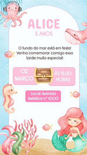 Convite de Aniversário Fundo do Mar Sereia para Editar Online