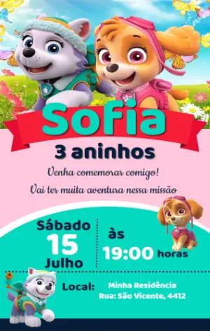 Convite de Aniversário Patrulha Canina Menina para Editar Online