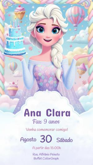 Convite de Aniversário Princesa do Gelo Candy Color Editável