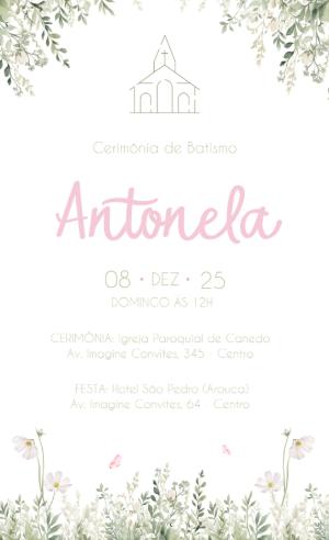 Convite de Batismo Floral Rosa em Aquarela para Editar