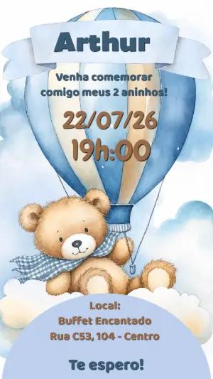 Convite de Aniversário Ursinho Baloeiro Aquarela Editável