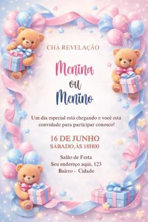 Convite Chá Revelação Ursinhos Fofos Rosa e Azul Editável