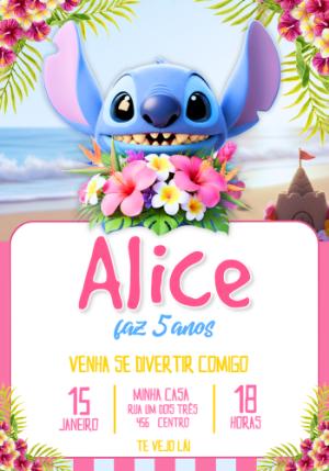 Convite de Aniversário Infantil Stitch Tropical Rosa Editável