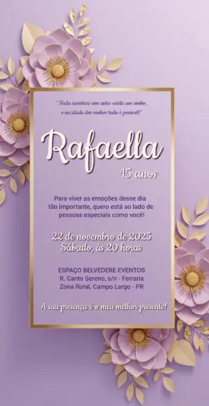 Convite de 15 Anos Lilás e Dourado Floral para Editar Online