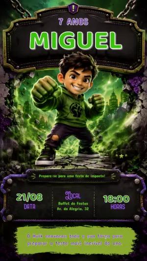 Convite de Aniversário Incrível Hulk Editável