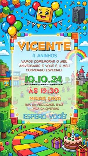 Convite de Aniversário Games Blocos Coloridos Editável