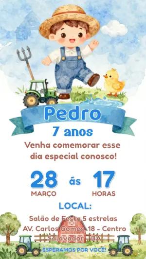 Convite Digital Aniversário Fazendinha Menino para Editar