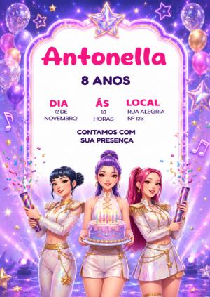 Convite Editável de Aniversário Guerreiras K-Pop Roxo e Rosa