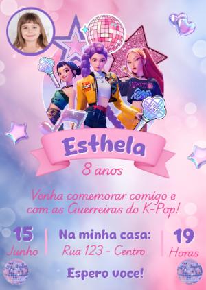 Convite de Aniversário Guerreiras do K-Pop com Foto para Editar