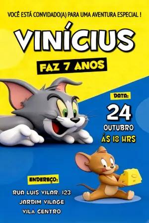Convite de Aniversário Tom e Jerry Editável para Enviar