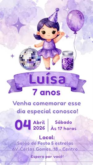 Convite de Aniversário Infantil Roxo Tema Disco Editável
