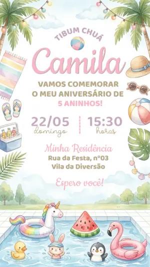 Convite Aniversário Pool Party Aquarela para Editar