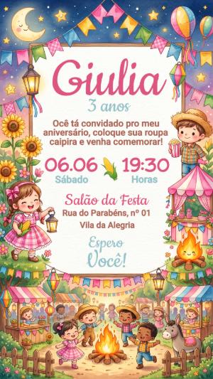 Convite de Aniversário Festa Junina Menina Editável