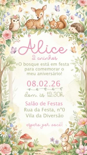 Convite de Aniversário Bosque Encantado Aquarela Editável