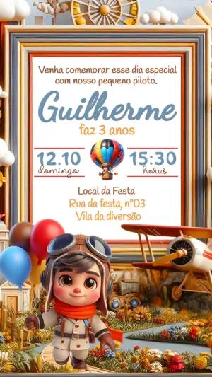 Convite de Aniversário Aviador Infantil Modelo Editável