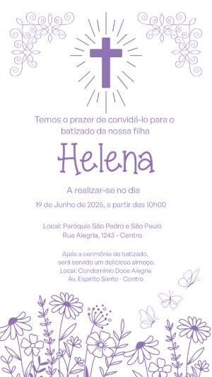 Modelo de Convite para Batizado Menina Lilás e Floral Editável