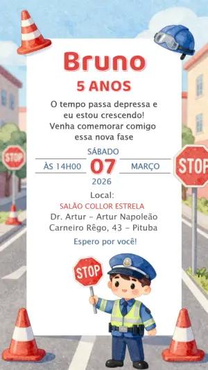 Convite de Aniversário Policial Infantil Modelo Editável