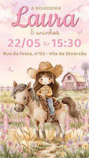 Convite de Aniversário Boiadeira Country Aquarela para Editar