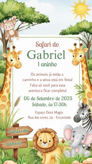 Convite Aniversário Safari com Animais Fofos para Editar Online