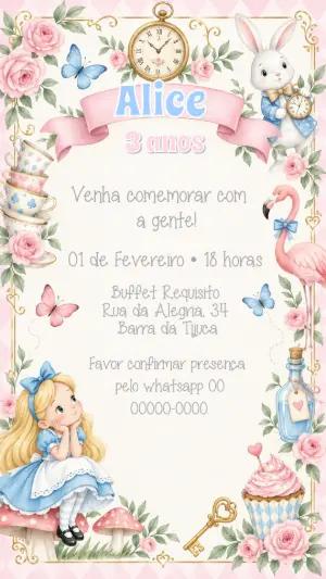 Convite Alice no País das Maravilhas Aquarela Editável