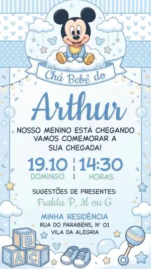 Convite Chá de Bebê Mickey Baby Azul Modelo Editável