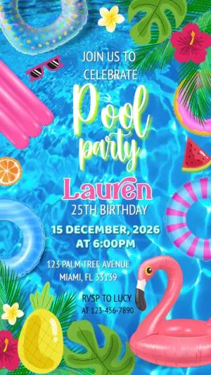 Editable Tropical Pool Party Birthday Invitation Template