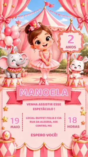 Convite de Aniversário Circo Rosa e Bailarina Editável