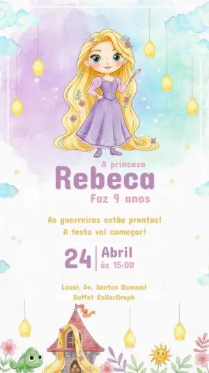 Convite Digital Aniversário Rapunzel Estilo Aquarela para Editar