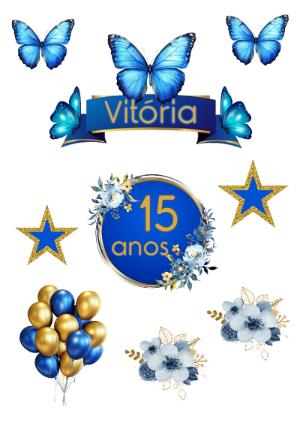 Kit Topper de Bolo Borboleta Azul para Editar e Imprimir