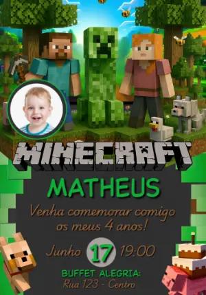 Convite de Aniversário Minecraft com Foto para Editar