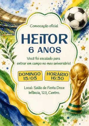 Convite de Aniversário Futebol Brasil Aquarela Editável