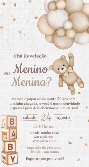 Convite Chá Revelação Ursinho com Balões Editável