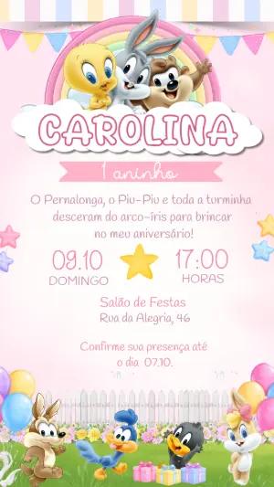 Convite de Aniversário Baby Looney Tunes Rosa para Editar
