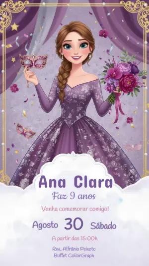 Convite de Aniversário Princesa Baile de Máscaras Roxo Editável