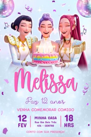 Convite de Aniversário K-pop Guerreiras 3D para Editar