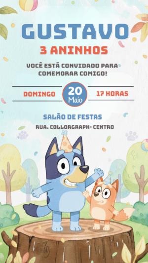 Convite de Aniversário Bluey e Bingo em Aquarela para Editar
