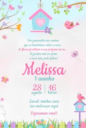 Convite Aniversário Jardim Encantado com Passarinhos para Editar
