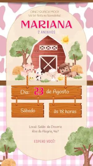 Convite Digital Aniversário Fazendinha Rosa para Editar