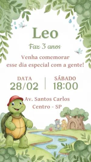 Convite de Aniversário Tartaruga Fofa Aquarela para Editar